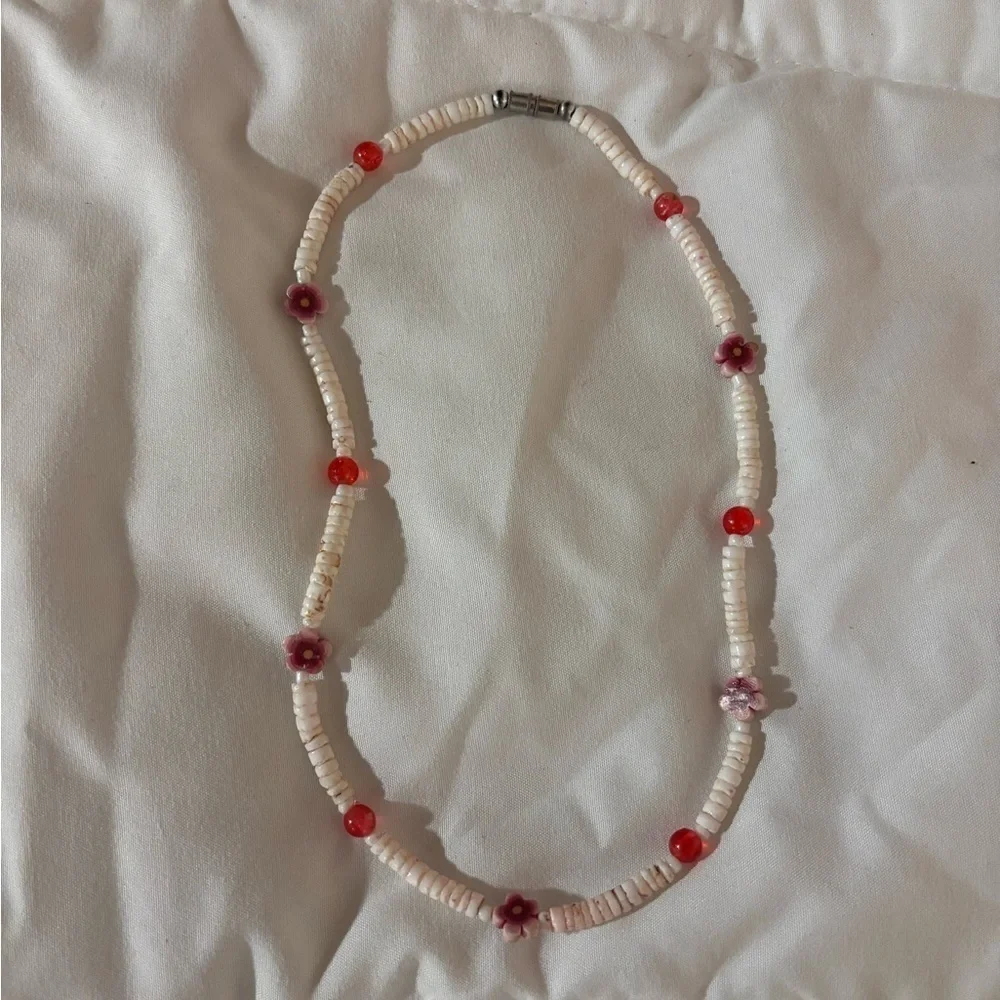 Elegant Beaded Necklace with white  Red and Pink Accents